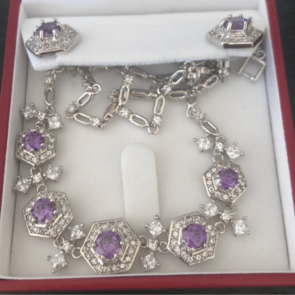 Elegant Sterling Silver CZ  and Purple Necklace and Earring Set